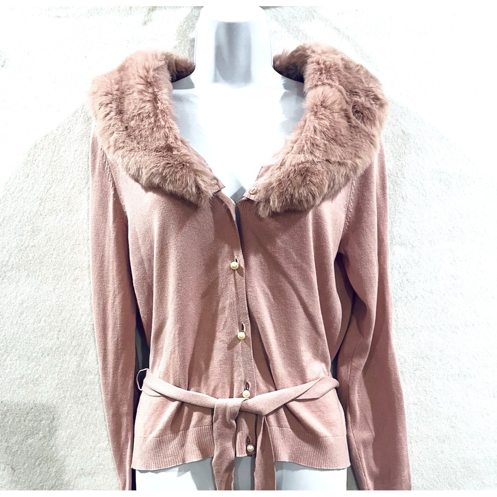 Y2K McBling Merona Coquette Rose Pink Faux Fur Collar Cardigan Small Feminine